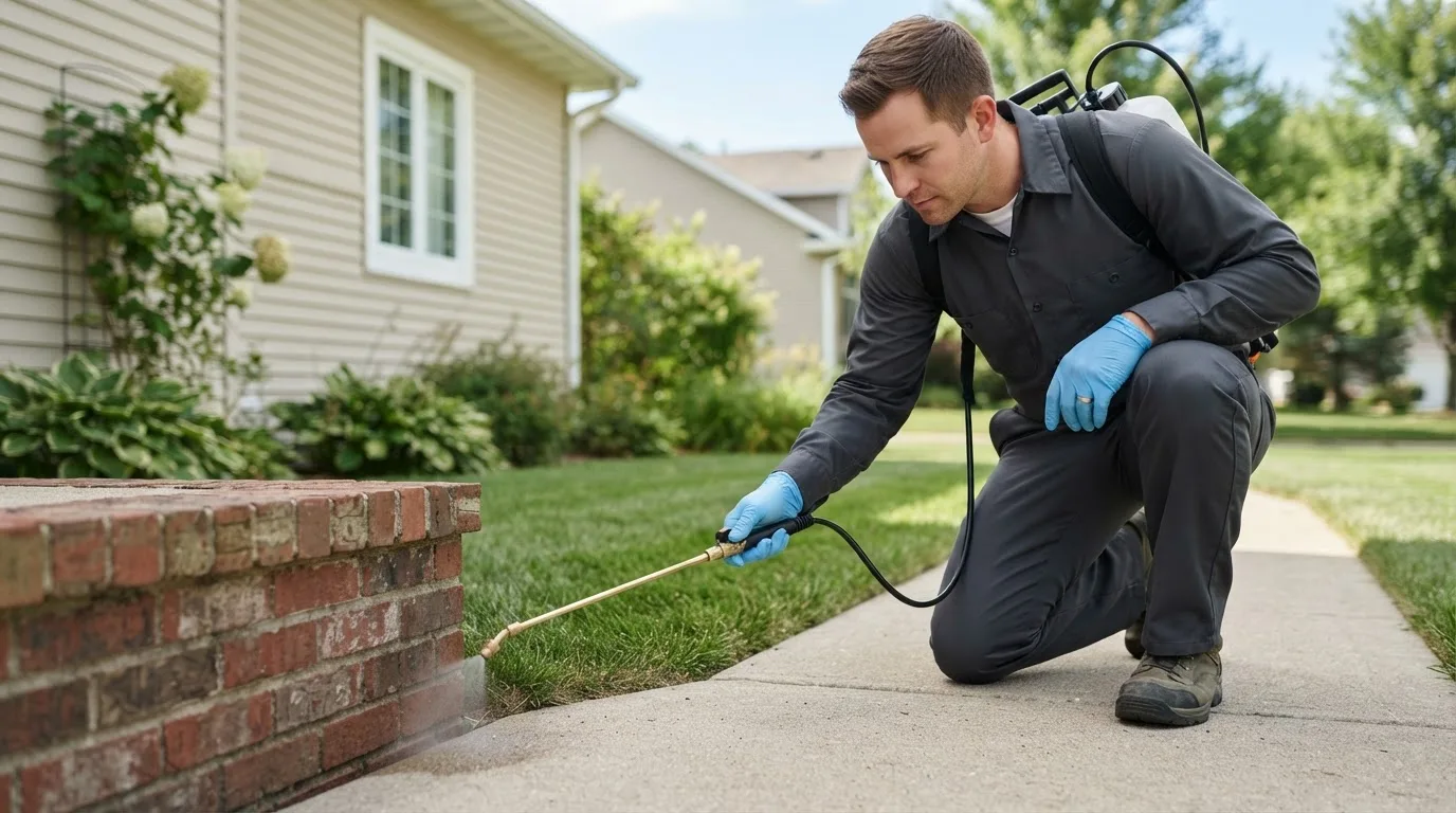 Pest control technician treating a home near Peterstown, WV