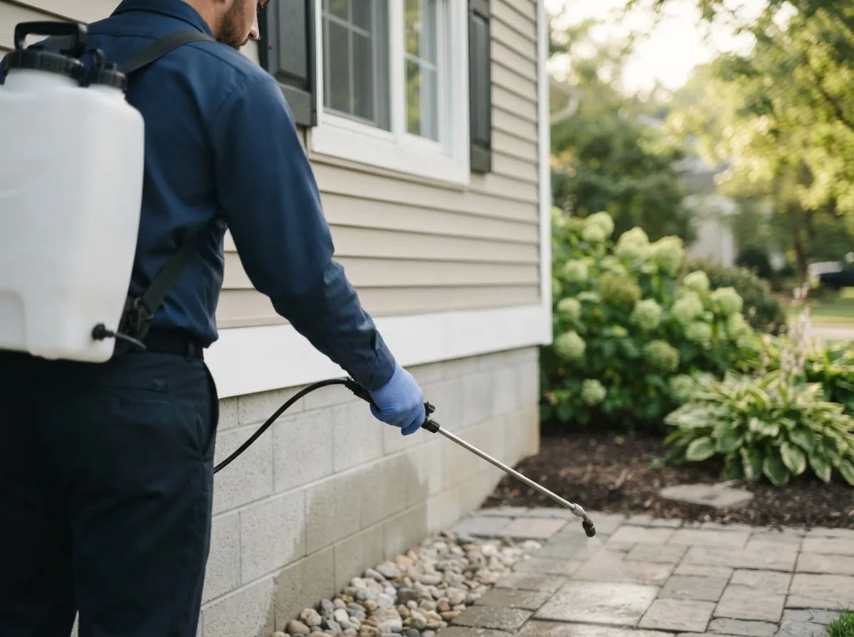 Pest control technician inspecting a home in Peterstown, WV